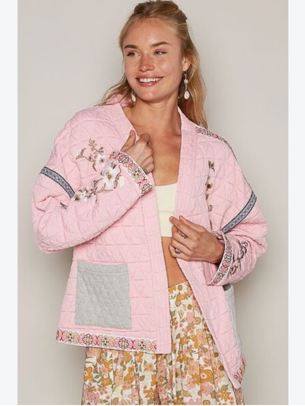 New: POL Boho Embroidered Open Front Lace Detail Long Sleeve Quilted Jacket• S
